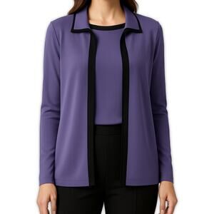 Misook Sweater Jacket Set Purple Black Trim Knit Shell 2 Pc L